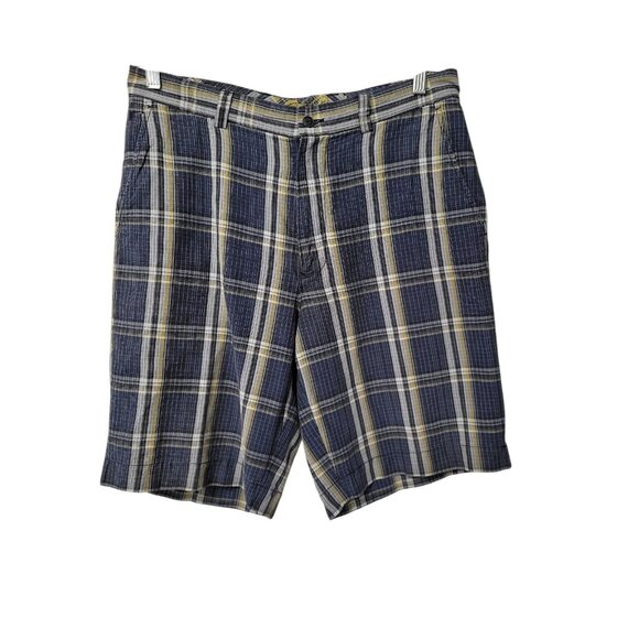 Tommy Bahama Shorts Men 33 Linen Silk Blue Yellow Plaid Flat Front Golf - Picture 2 of 14
